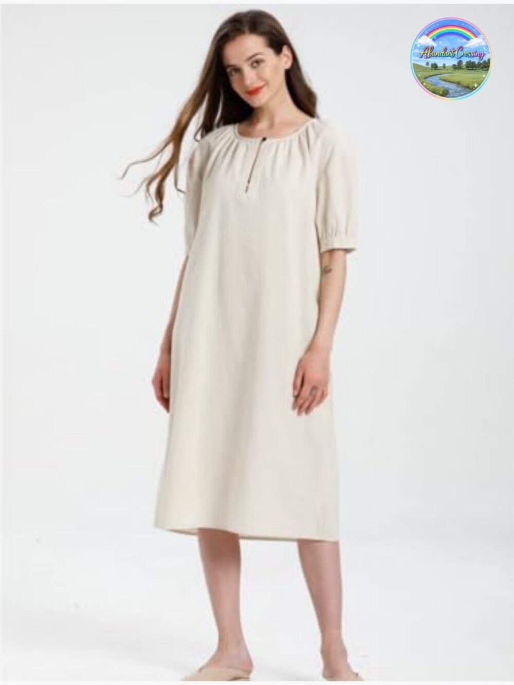 Cotton Linen Short Sleeve Midi Dress with Pockets - Picture 2 of 5